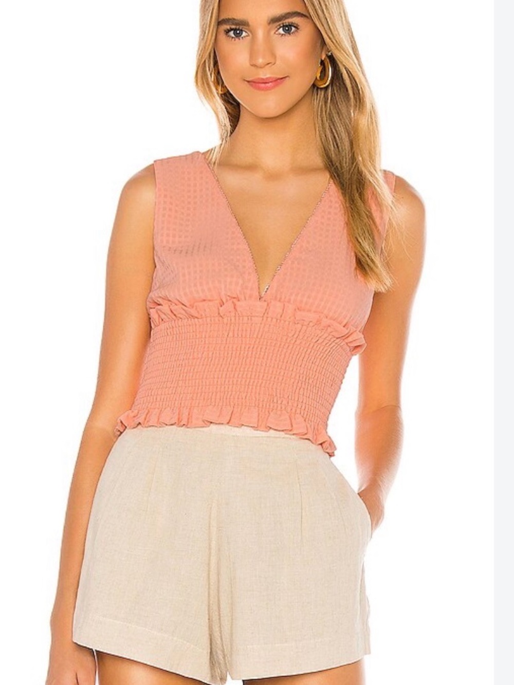 NBD Coral Pink Smocked V-Neck Tank
